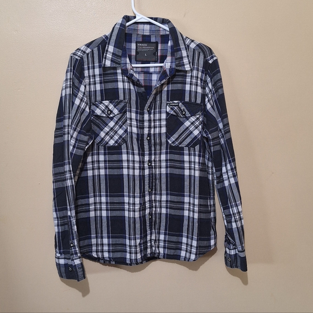 Coach Long Sleeve Button Down Plaid Cotton Shirt